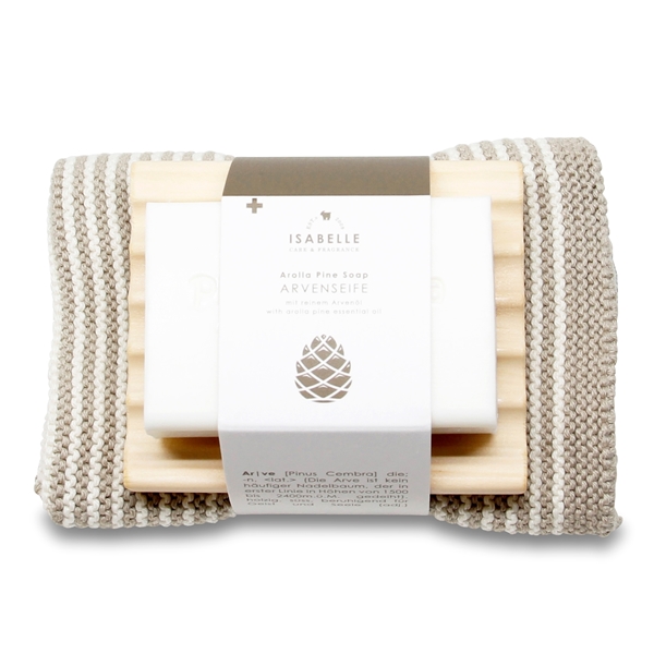 Bild von Arvenseife 100g auf Arvenholz-Seifenablage/Waschlappen